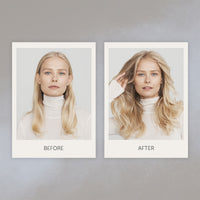 Side-by-side comparison of a woman with straight hair before and styled wavy hair after.