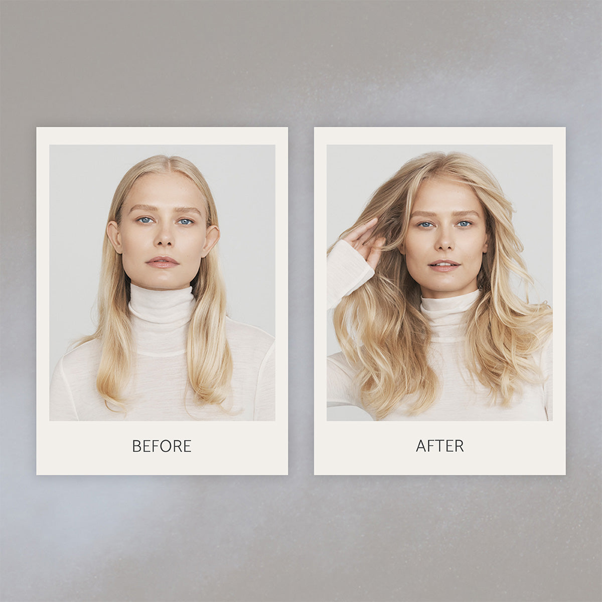 Side-by-side comparison of a woman with straight hair before and styled wavy hair after.