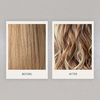 Side-by-side comparison of straight, blonde hair labeled "Before" and styled, wavy hair labeled "After".