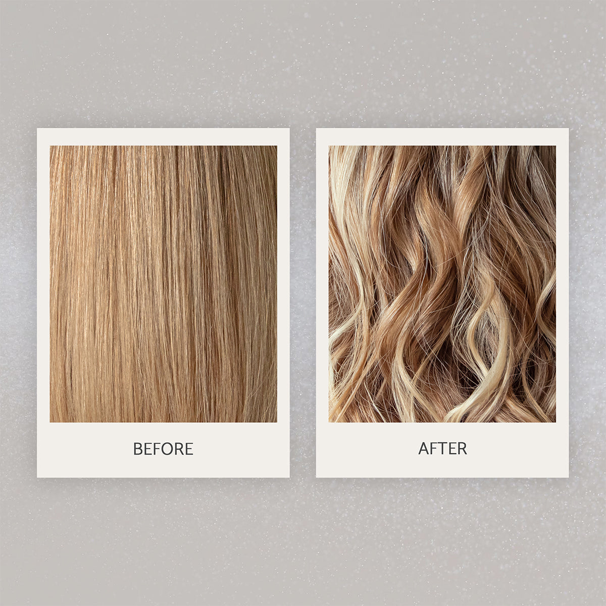 Side-by-side comparison of straight, blonde hair labeled "Before" and styled, wavy hair labeled "After".