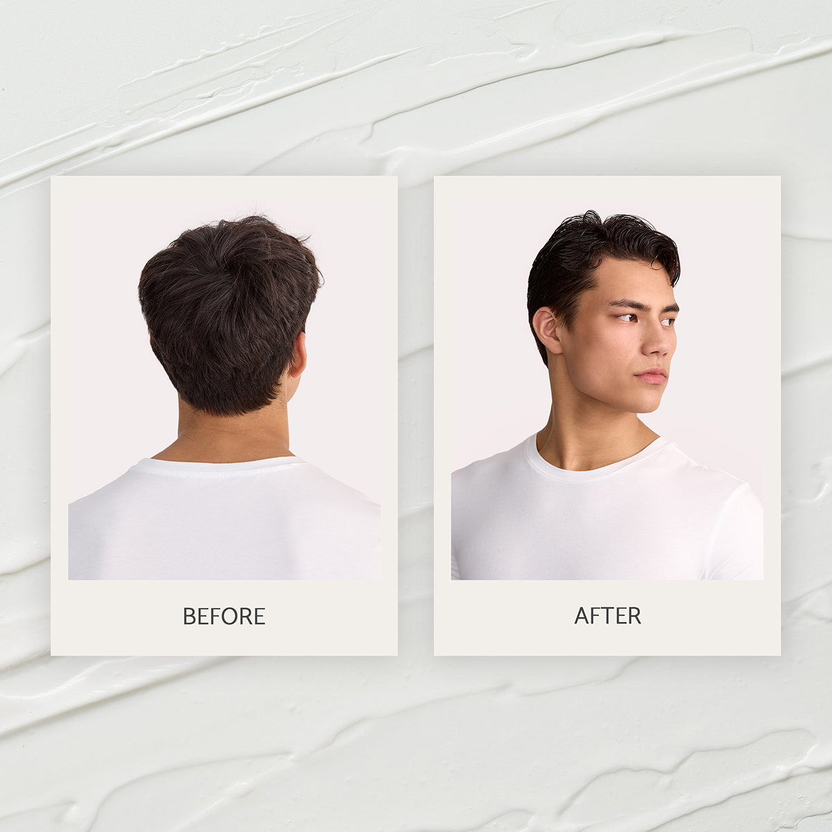 Side-by-side images of a man before and after a haircut, wearing a white shirt.