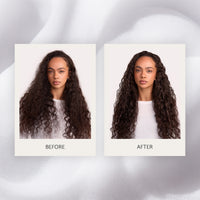 Before and after comparison of a woman with long, curly hair becoming more defined and sleek.