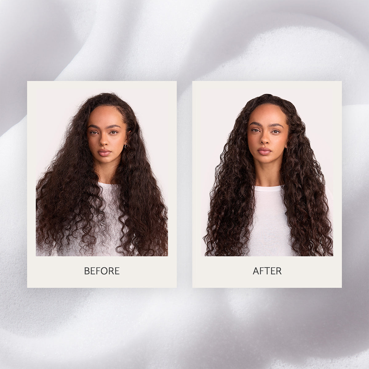 Before and after comparison of a woman with long, curly hair becoming more defined and sleek.