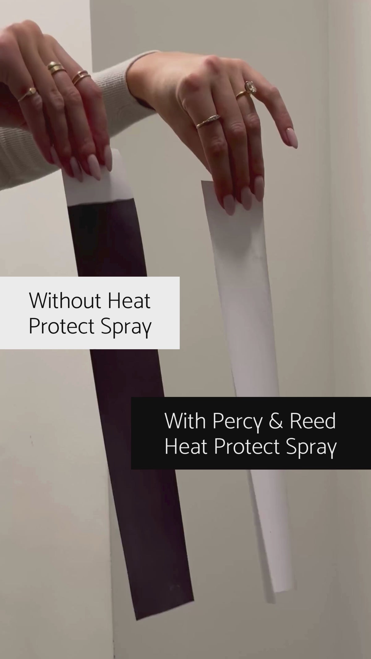 With and without comparison of using Percy & Reed Heat Protect Spray on paper