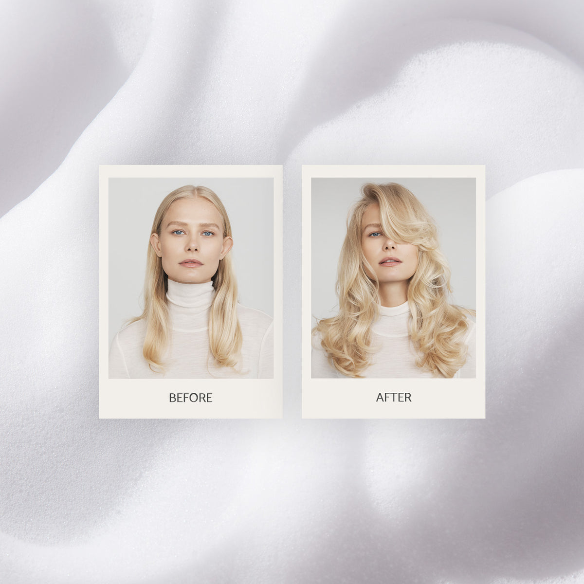 Side-by-side comparison showing "before" with straight hair and "after" with voluminous curls.