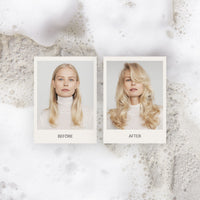 Before-and-after photos show a woman with straight and then voluminous wavy blonde hair on a bubbly backdrop.