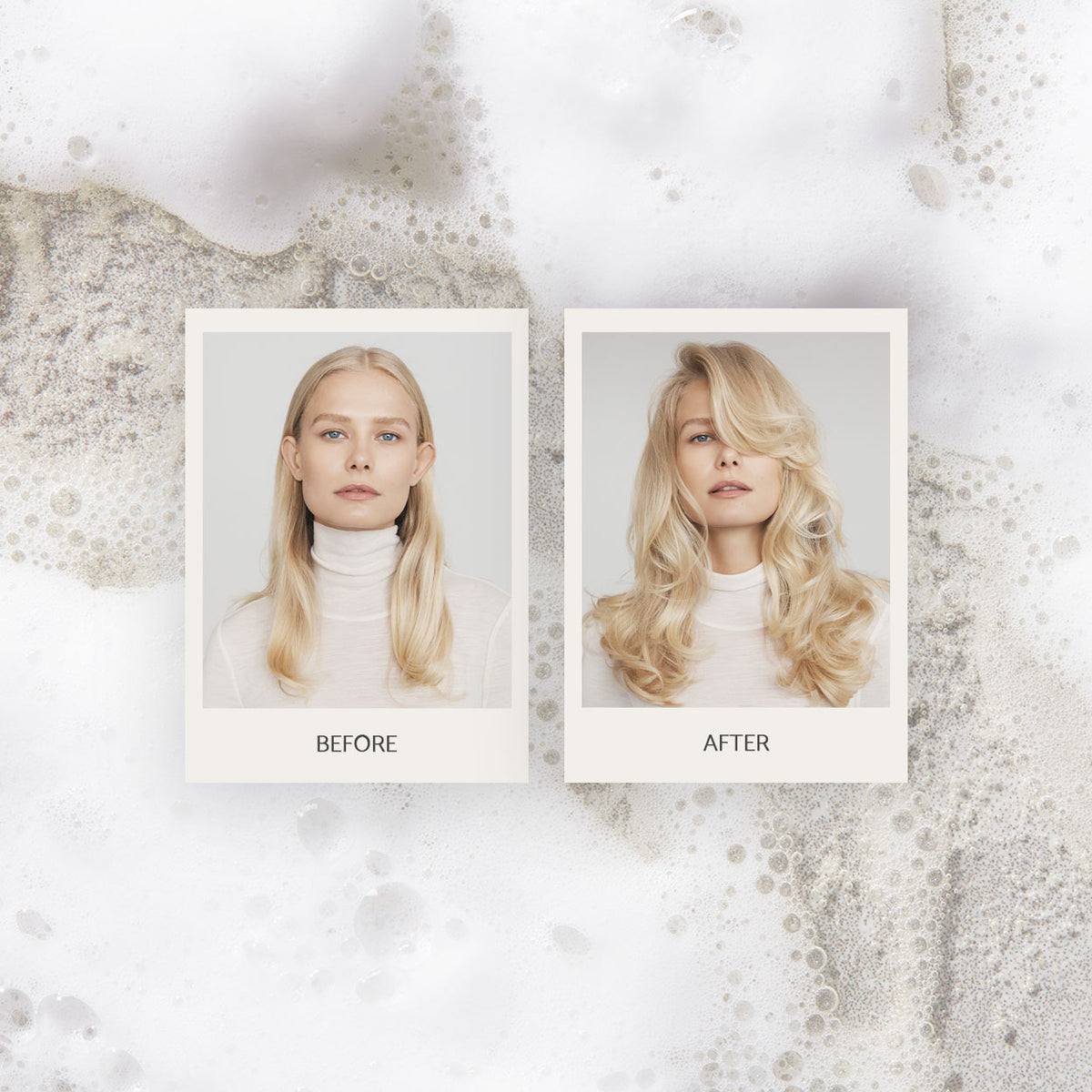 Before-and-after photos show a woman with straight and then voluminous wavy blonde hair on a bubbly backdrop.