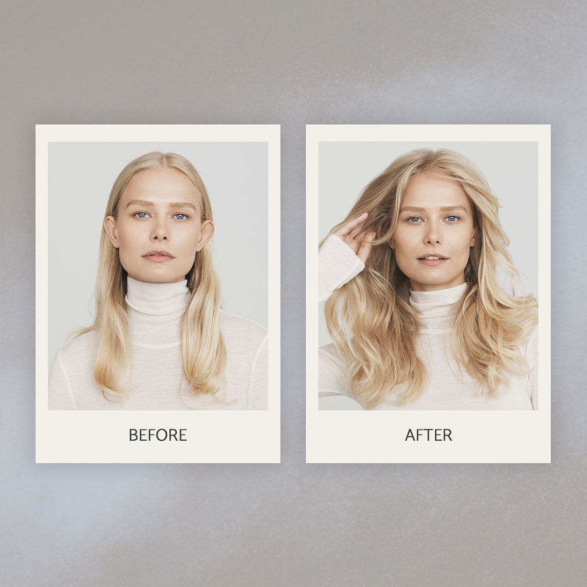 Before and after images of a woman with straight and voluminous wavy blonde hair, wearing a turtleneck.