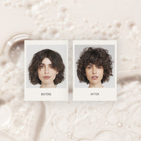 Side-by-side comparison showcasing a woman's haircut transformation from loose waves to voluminous curls.