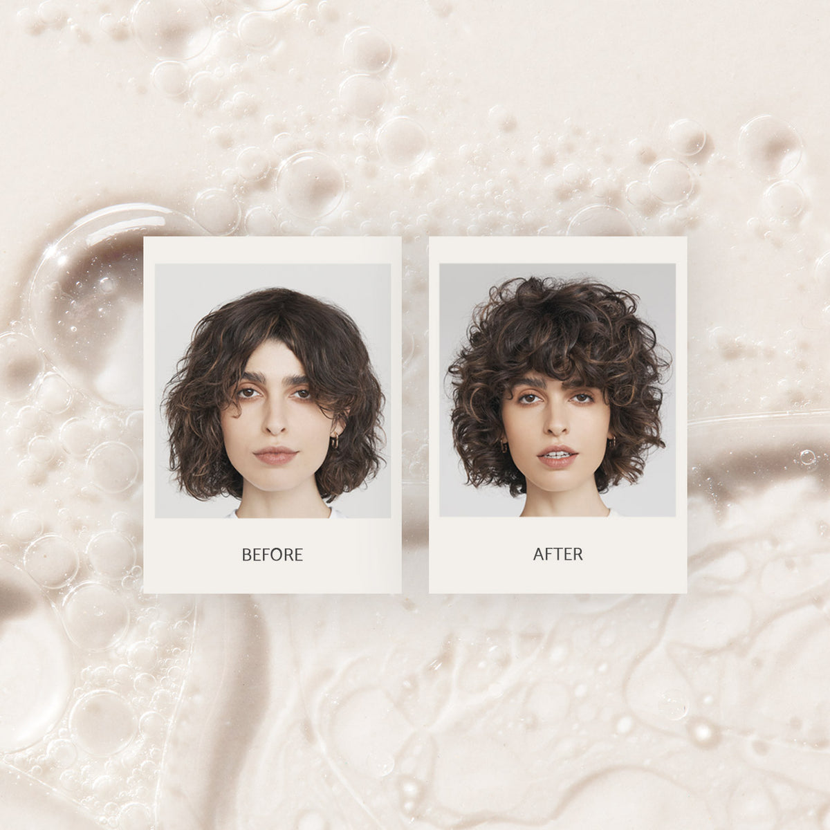 Side-by-side comparison showcasing a woman's haircut transformation from loose waves to voluminous curls.