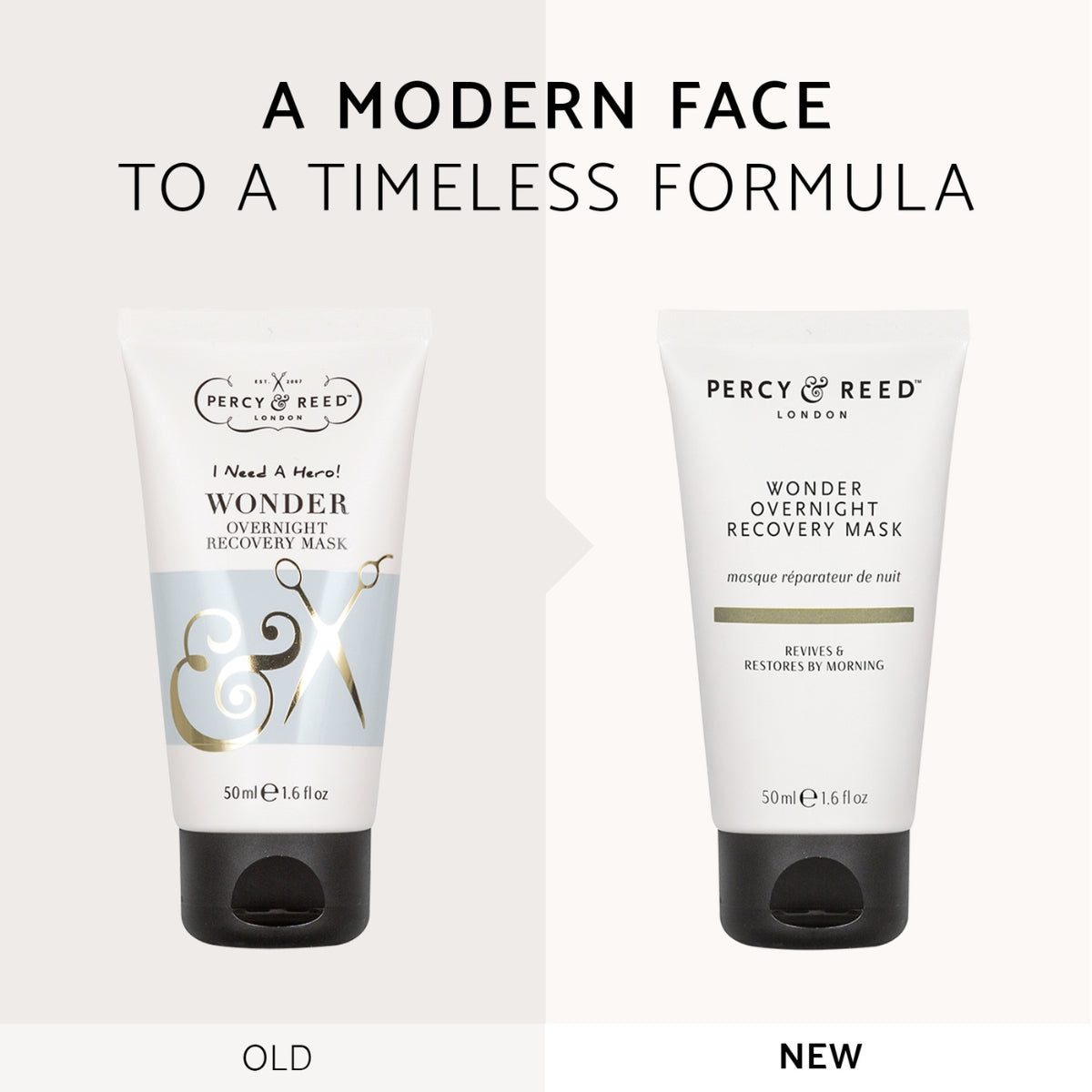 Two Percy & Reed Wonder Overnight Recovery Mask tubes showing old and new packaging designs.
