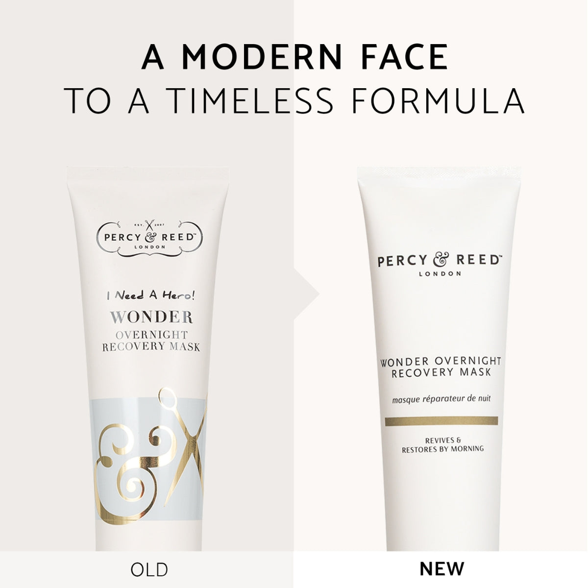  “A Modern Face to A Timeless Formula” old vs new packaging for Wonder Overnight Recovery Mask by Percy & Reed