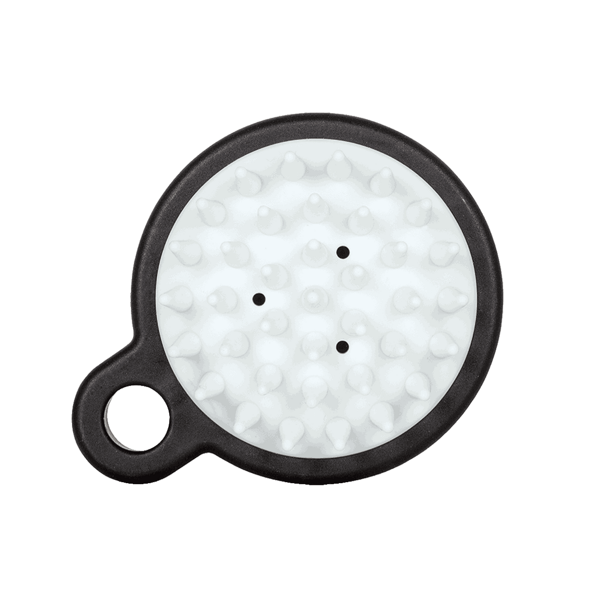 Round silicone scalp massager with black outer ring, featuring multiple soft white bristles and a small handle.
